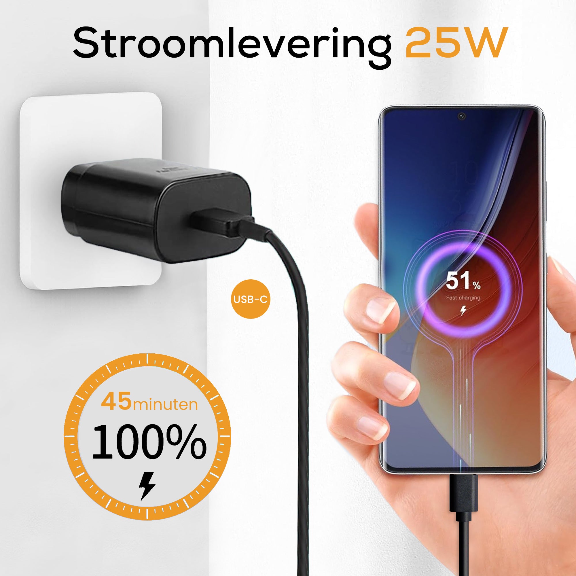 USB-C snellader 25W - 1,5 meter kabel - Zwart & Wit