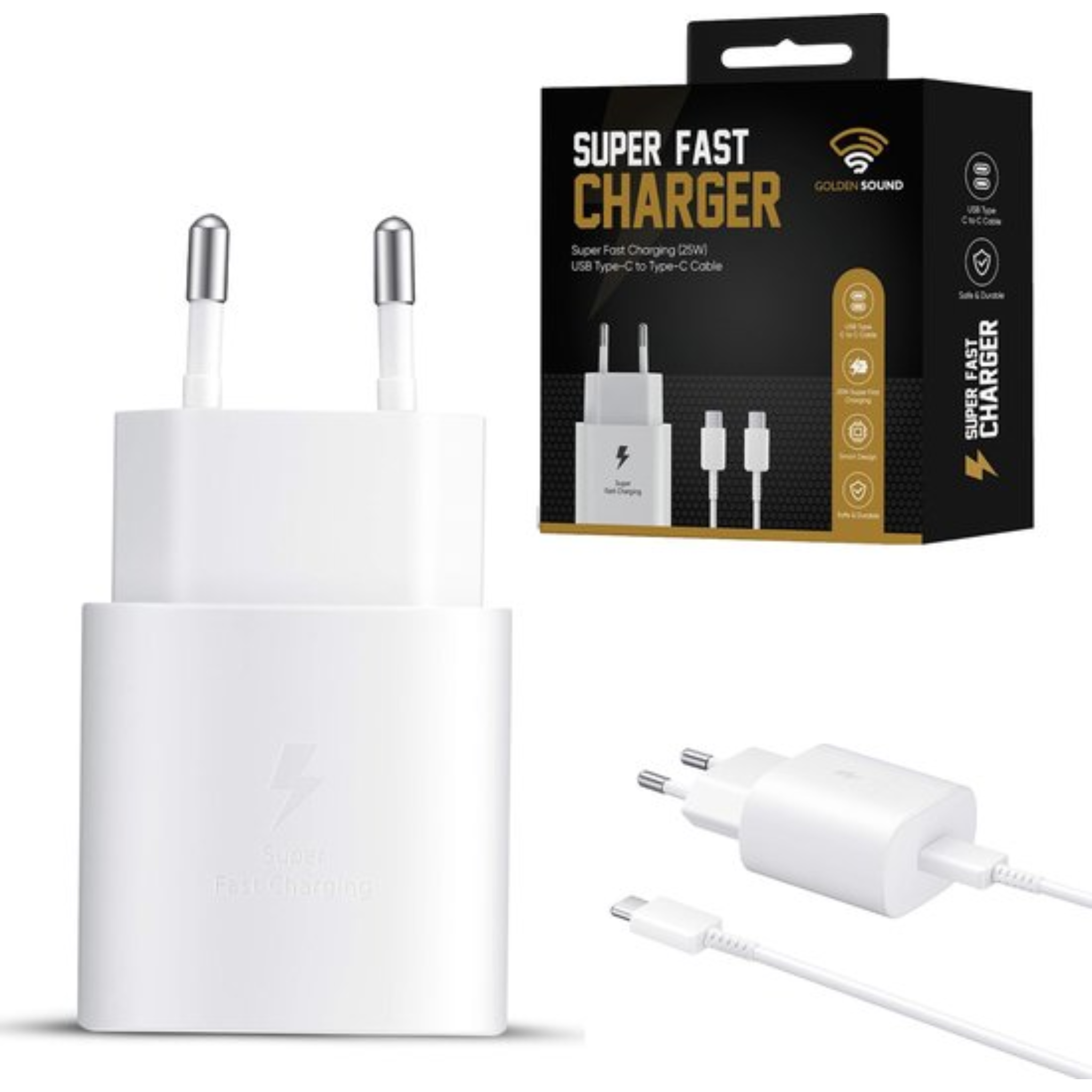 USB-C snellader 25W - 1,5 meter kabel - Zwart & Wit